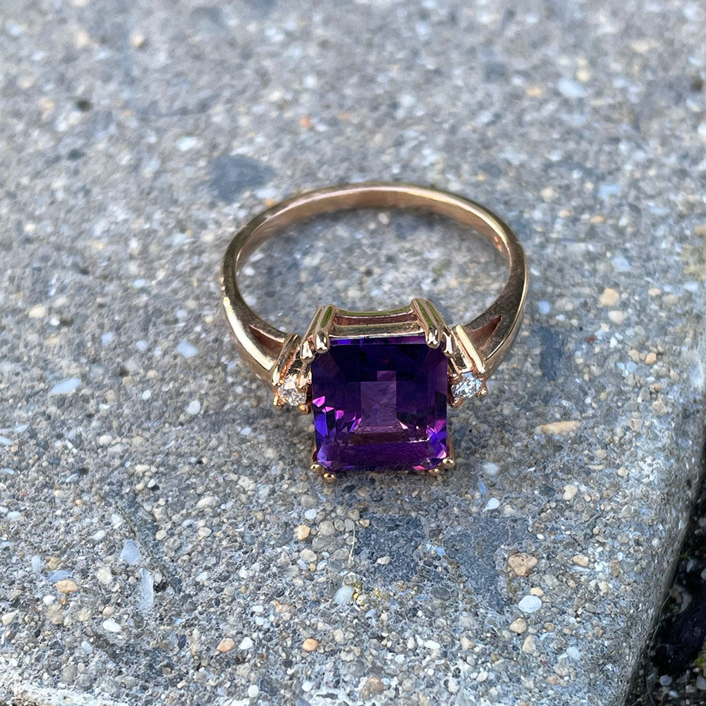 Glamorous Octagonal Cut Amethyst with Petite Accent Diamond Ring