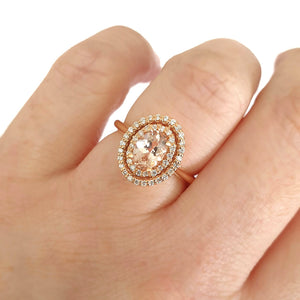  Breathtaking Double Diamond Halo Round Cut Morganite Ring