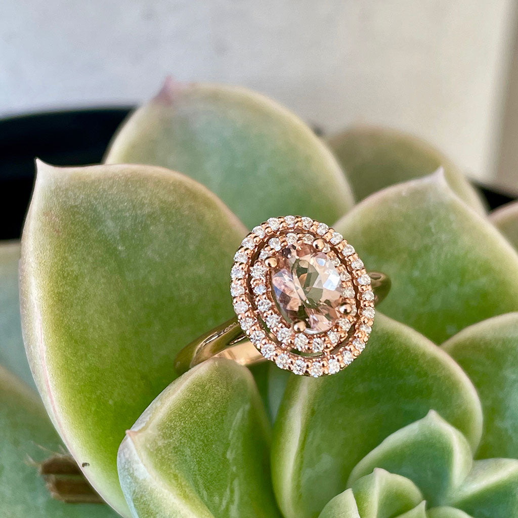 Glamorous Oval Morganite and Double Diamond Halo Rose Gold Ring