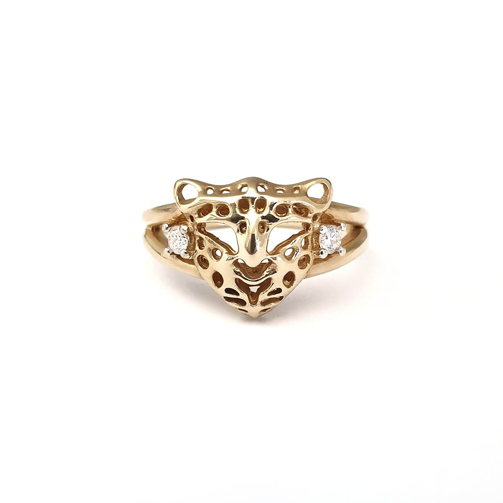 Gold Leopard Head Ring with Diamond Accents