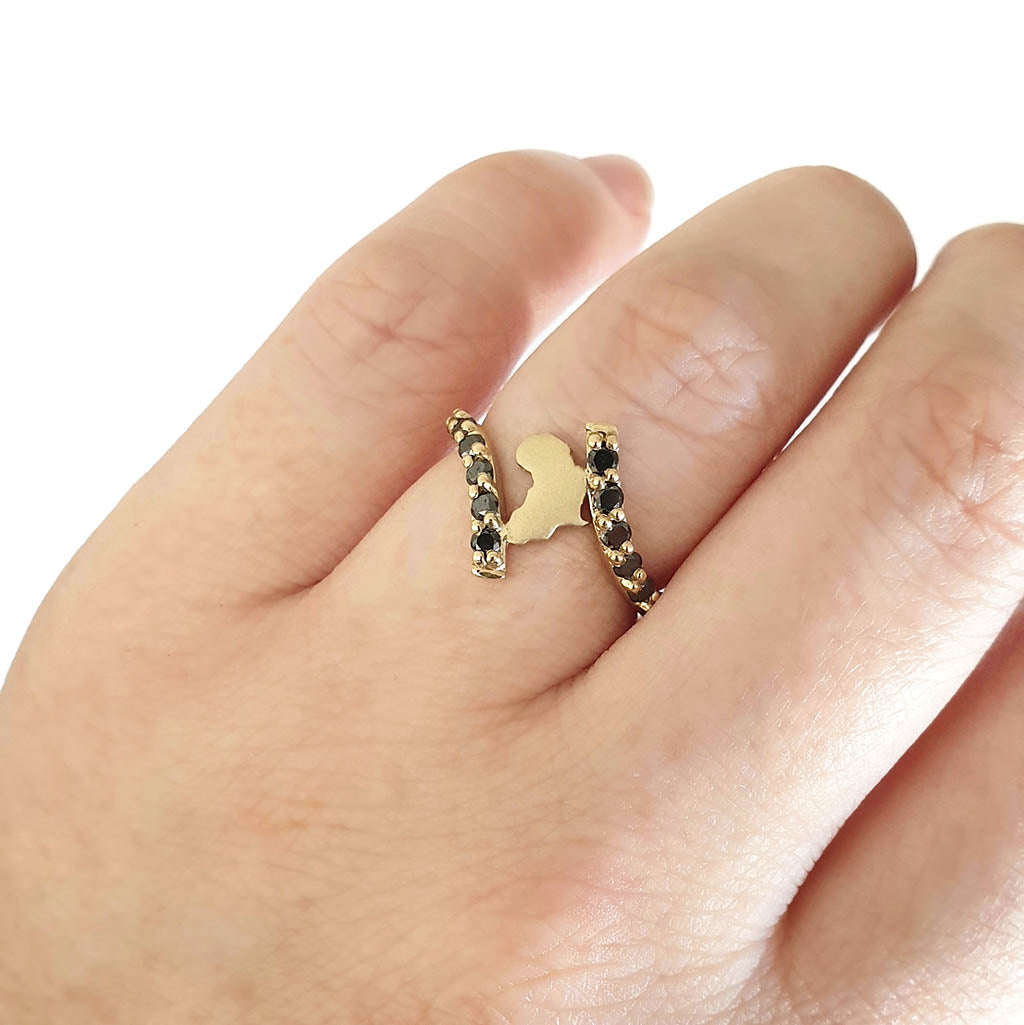 Gold Split Band Africa Map Ring with Black Diamond Embellishment ...