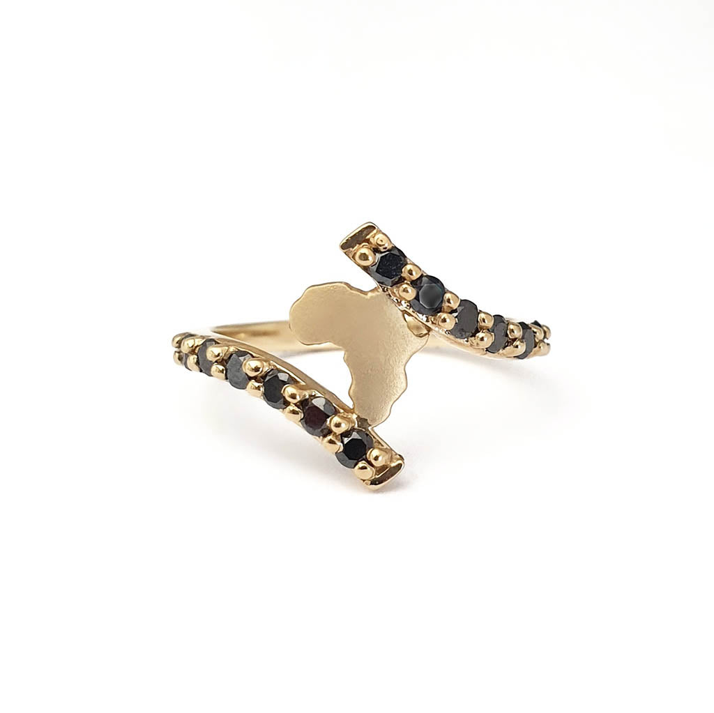 Gold Split Band Africa Map Ring with Black Diamond Embellishment