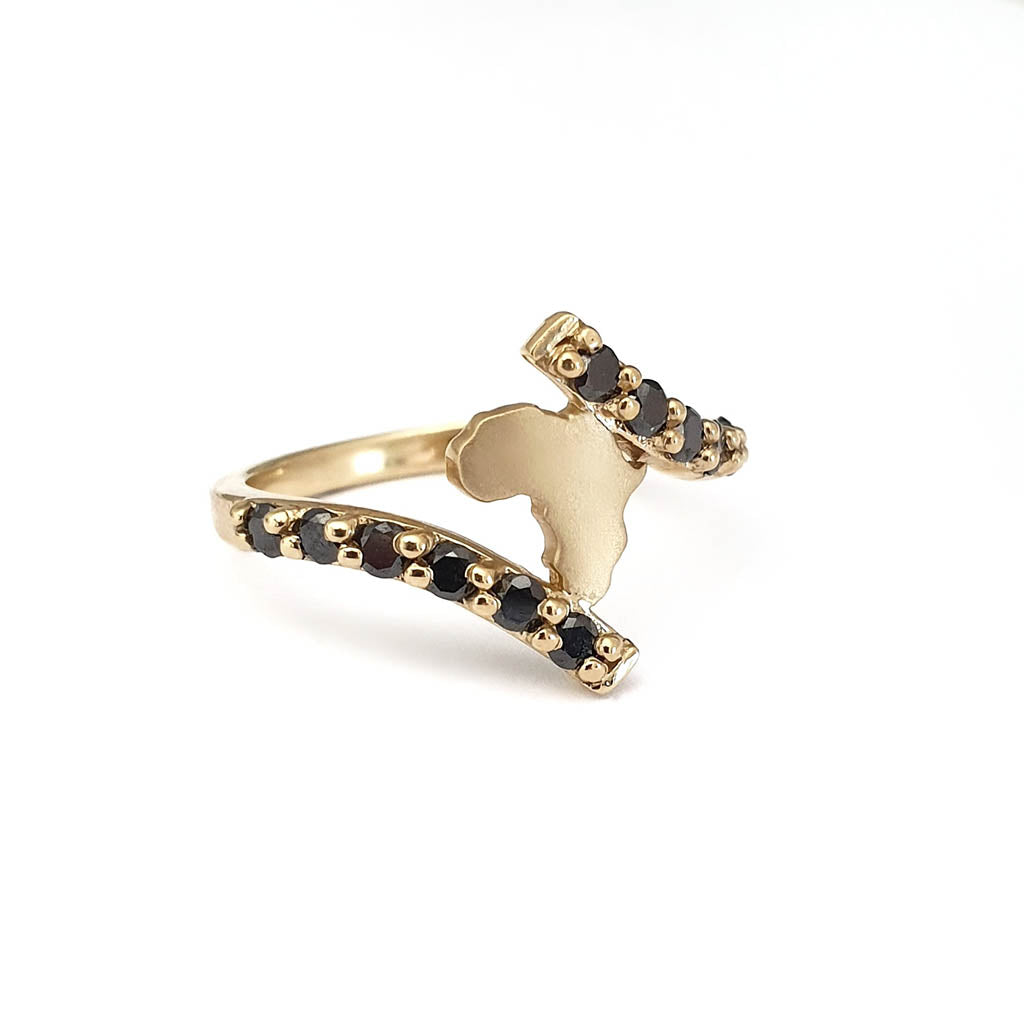 Gold Split Band Africa Map Ring with Black Diamond Embellishment