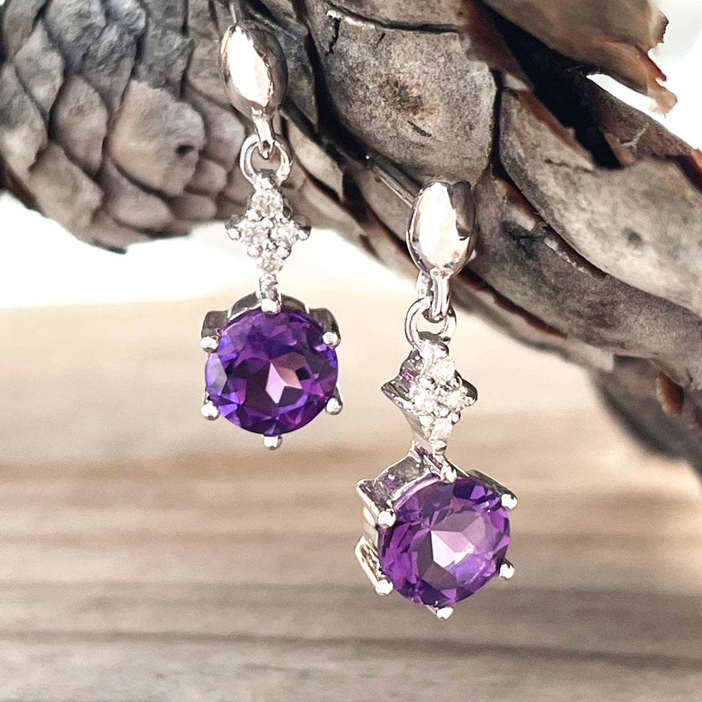 Gorgeous Amethyst and Four Diamond Drop Earrings