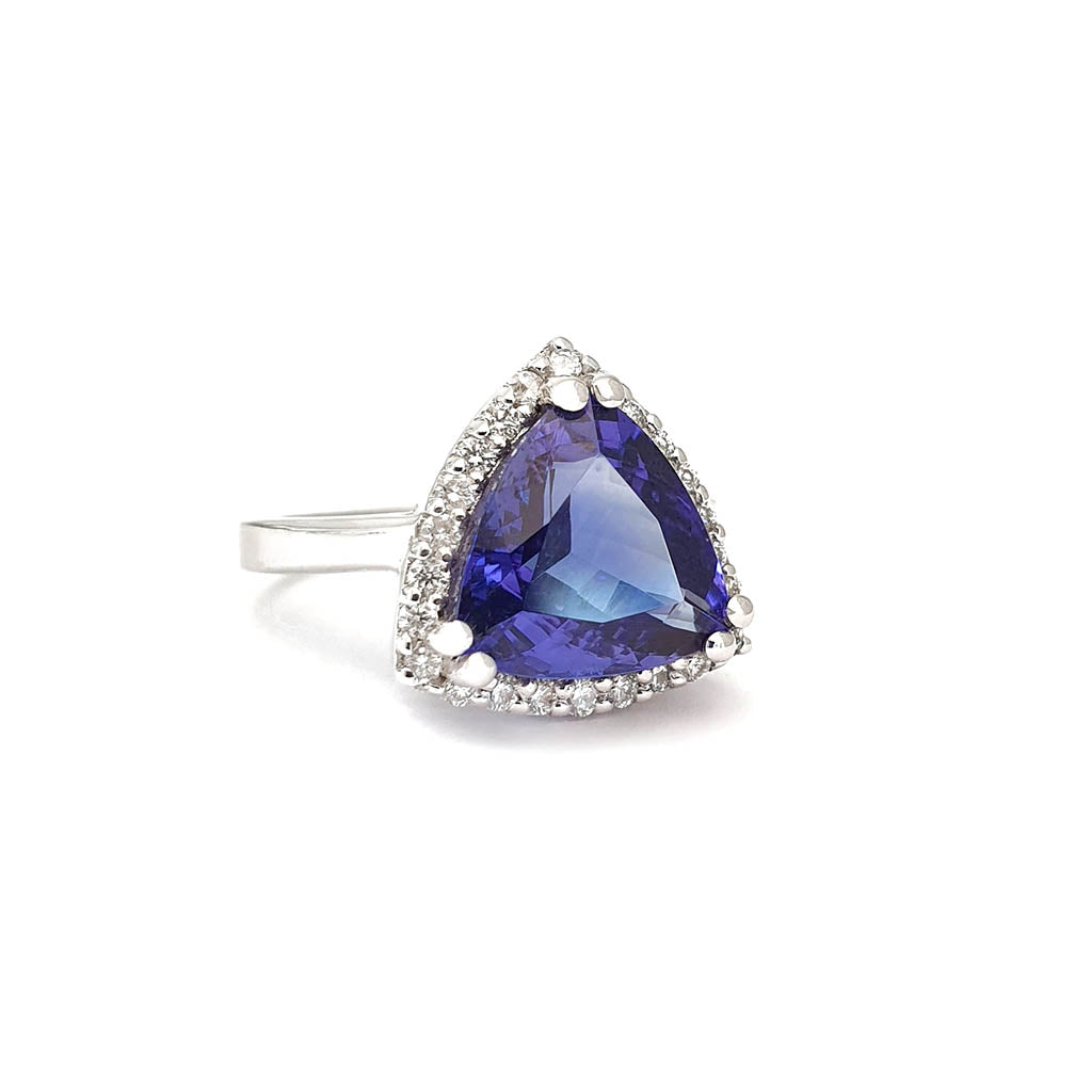 Gorgeous Diamond Halo Trilliant Cut Tanzanite Ring