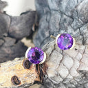 Gorgeous Half Bezel Yellow Gold Round Amethyst Studs