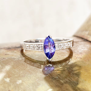 Gorgeous Marquise Tanzanite and Diamond Shouldered White Gold Ring