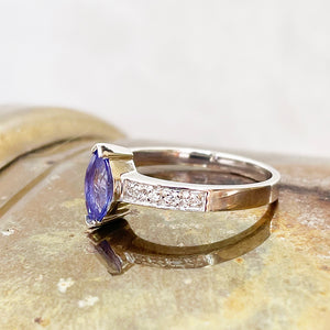 Gorgeous Marquise Tanzanite and Diamond Shouldered White Gold Ring