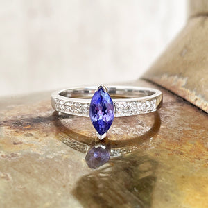 Gorgeous Marquise Tanzanite and Diamond Shouldered White Gold Ring