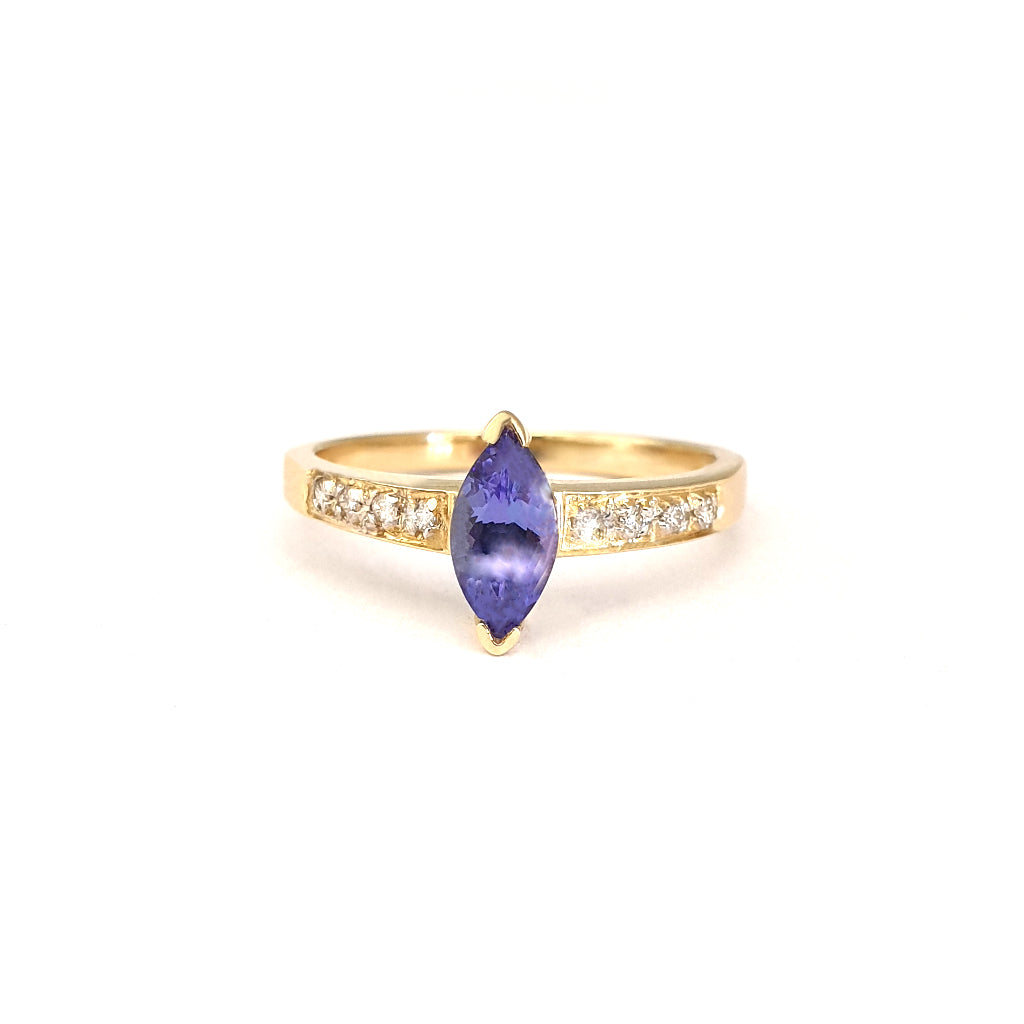 Gorgeous Marquise Tanzanite and Diamond Shouldered Yellow Gold Ring