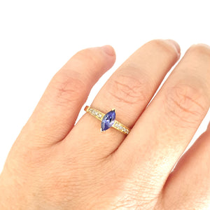 Gorgeous Marquise Tanzanite and Diamond Shouldered Yellow Gold Ring