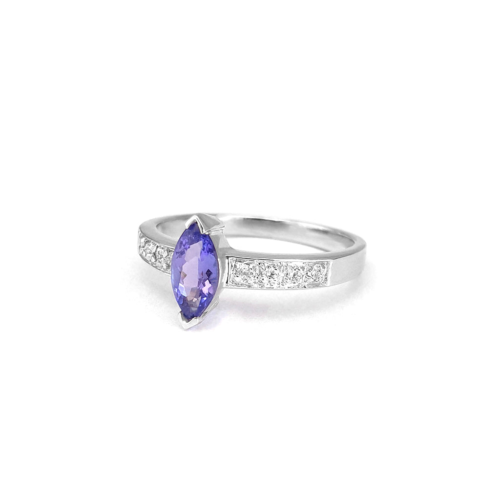 Gorgeous Marquise Tanzanite and Diamond Shouldered White Gold Ring