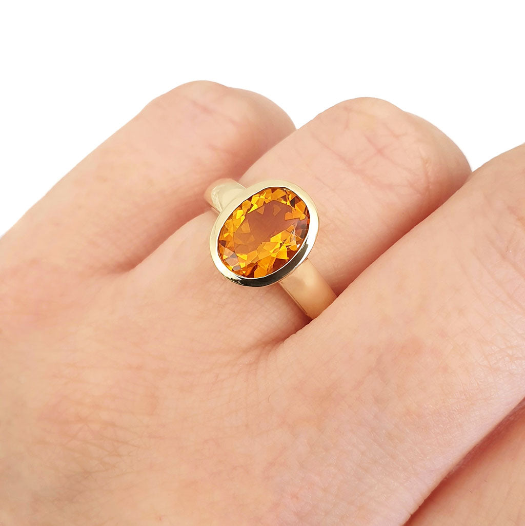  Gorgeous Oval Citrine Bezel Set Yellow Gold Ring