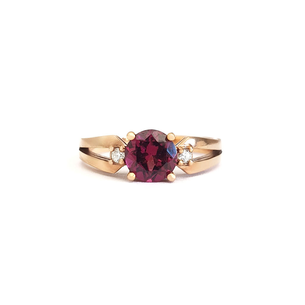   Grape Garnet Split Shoulder Rose Gold and Diamond ring