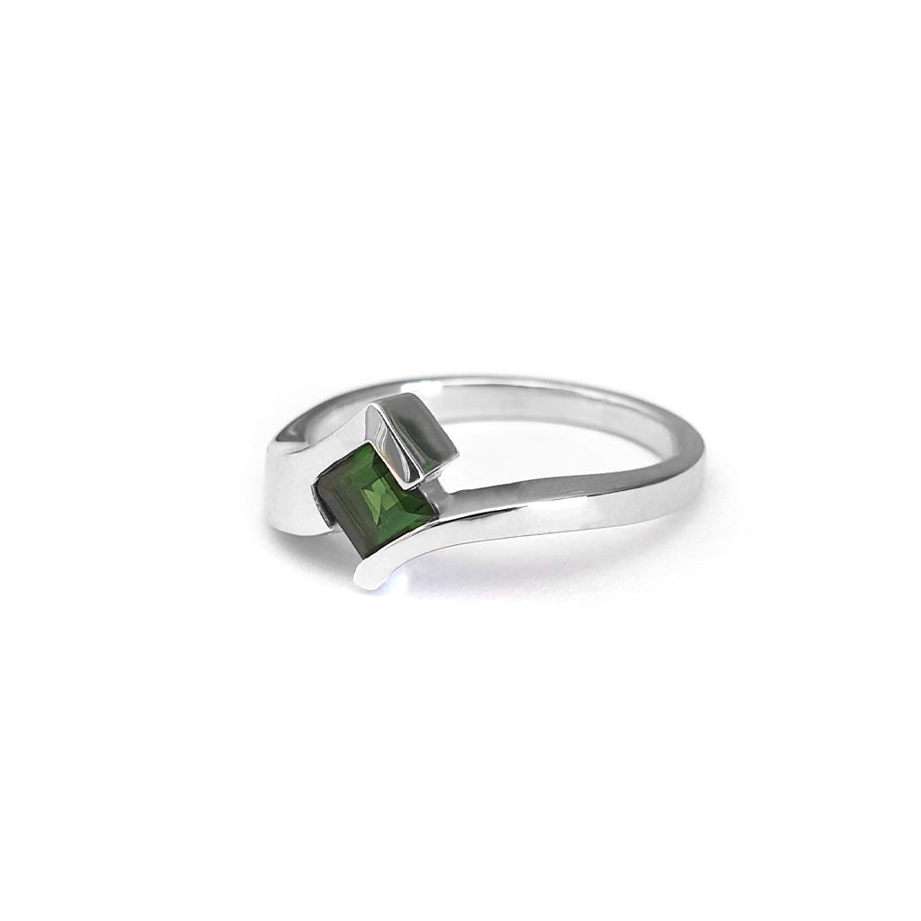 Green Square Cut Tourmaline and White Gold Ring