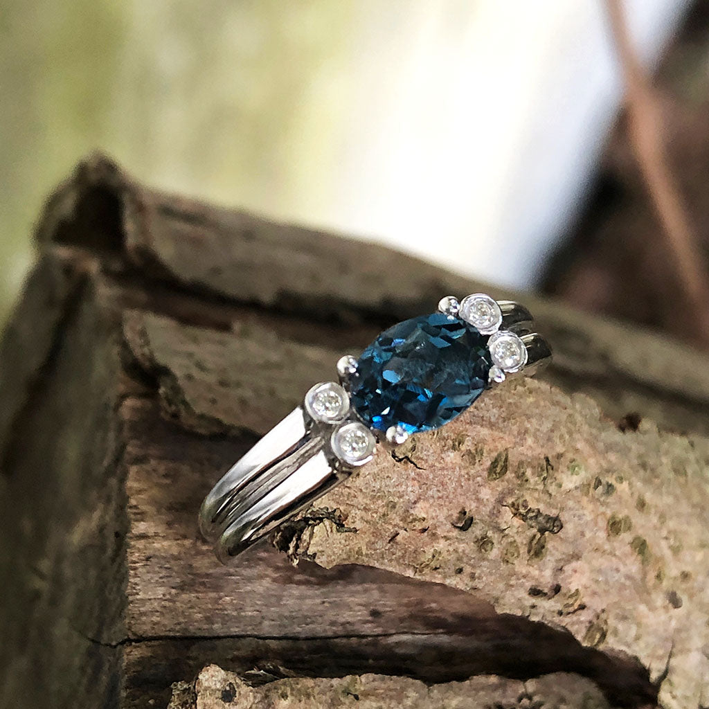 Grooved Band Oval London Blue Topaz with Diamond Accent Ring