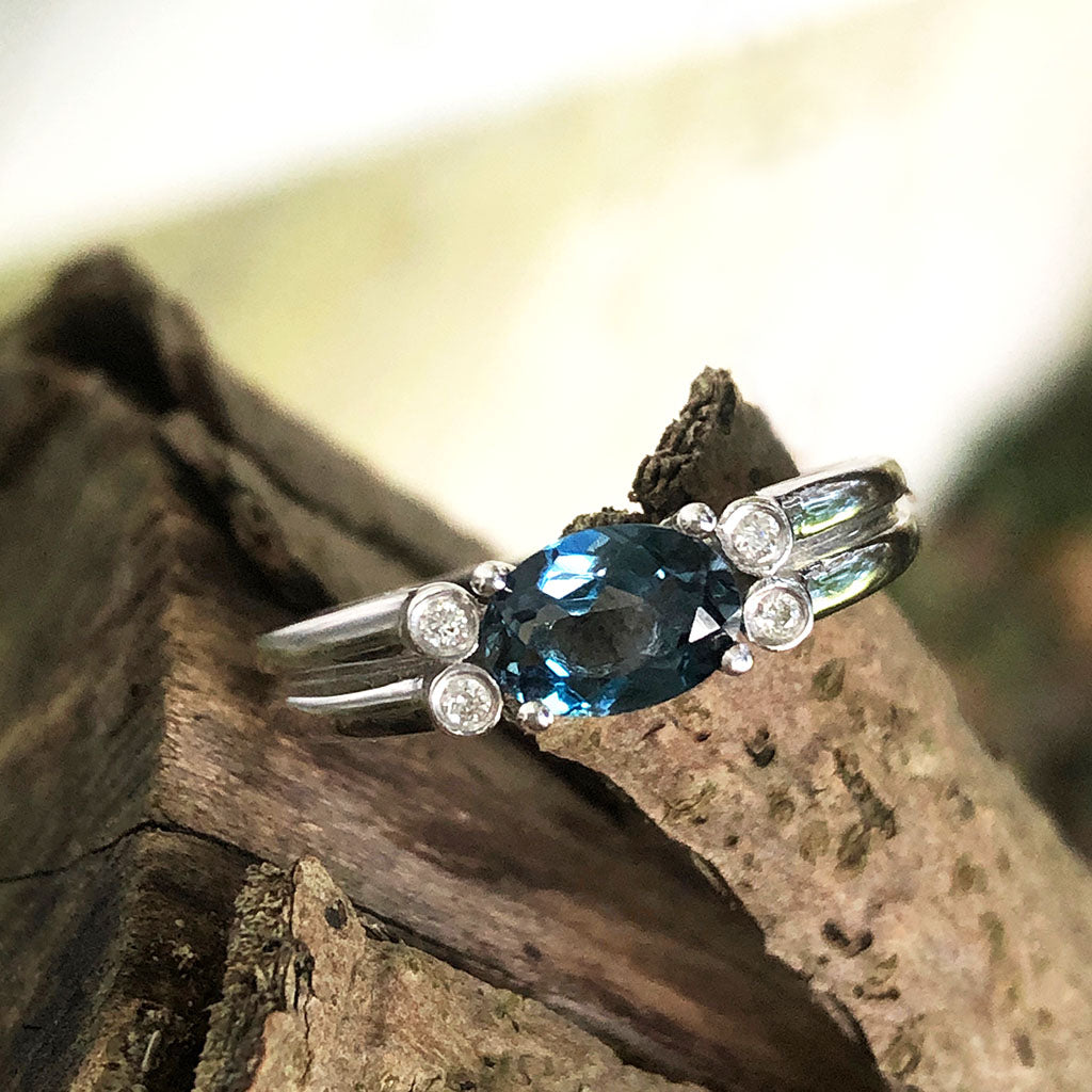 Grooved Band Oval London Blue Topaz with Diamond Accent Ring