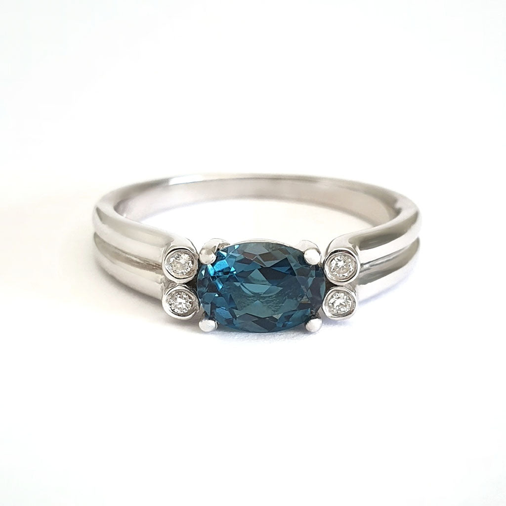 Grooved Band Oval London Blue Topaz with Diamond Accent Ring