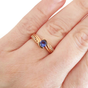 Half Bezel Twist Tanzanite and Playful Diamond Shoulder Rose Gold Ring