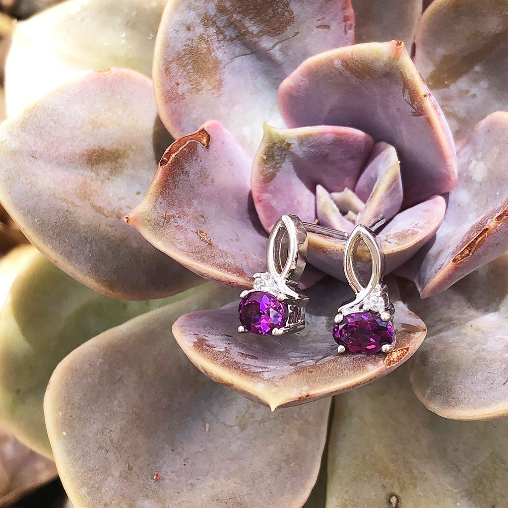Half Bow Grape Garnet and Diamond Earrings