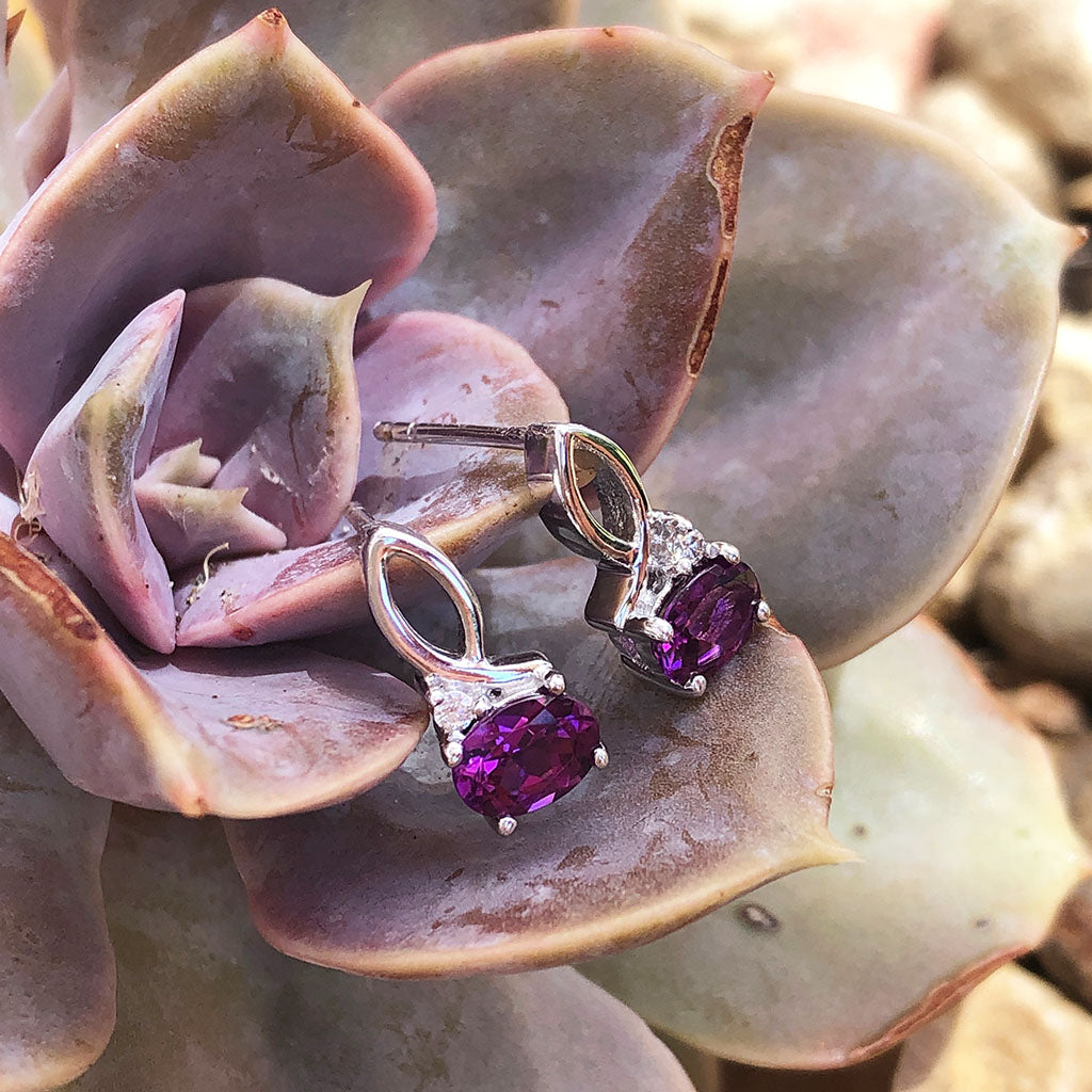 Half Bow Grape Garnet and Diamond Earrings
