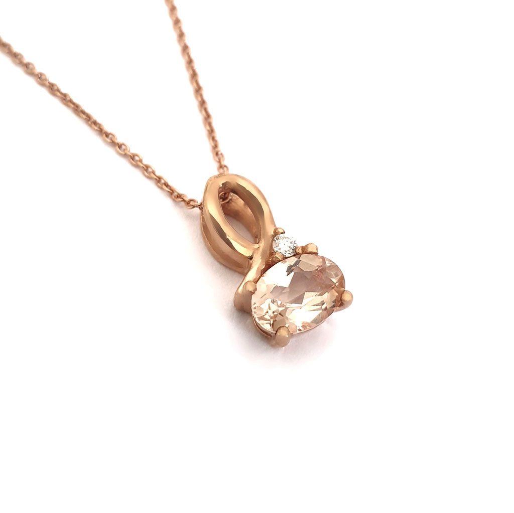 Half Bow Oval Cut Morganite and Diamond Rose Gold Pendant