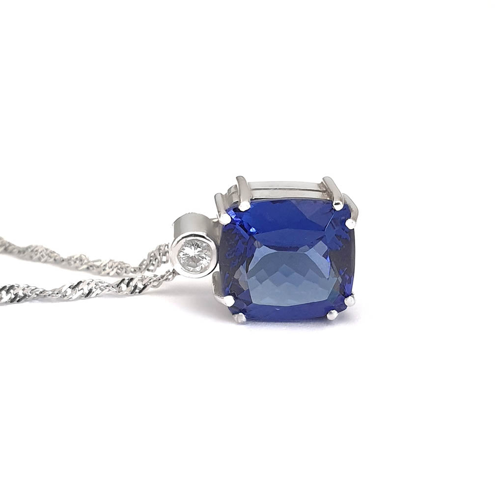 Handcrafted Cushion Cut Tanzanite Pendant with Tube Set Diamond Accent