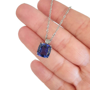 Handcrafted Cushion Cut Tanzanite Pendant with Tube Set Diamond Accent