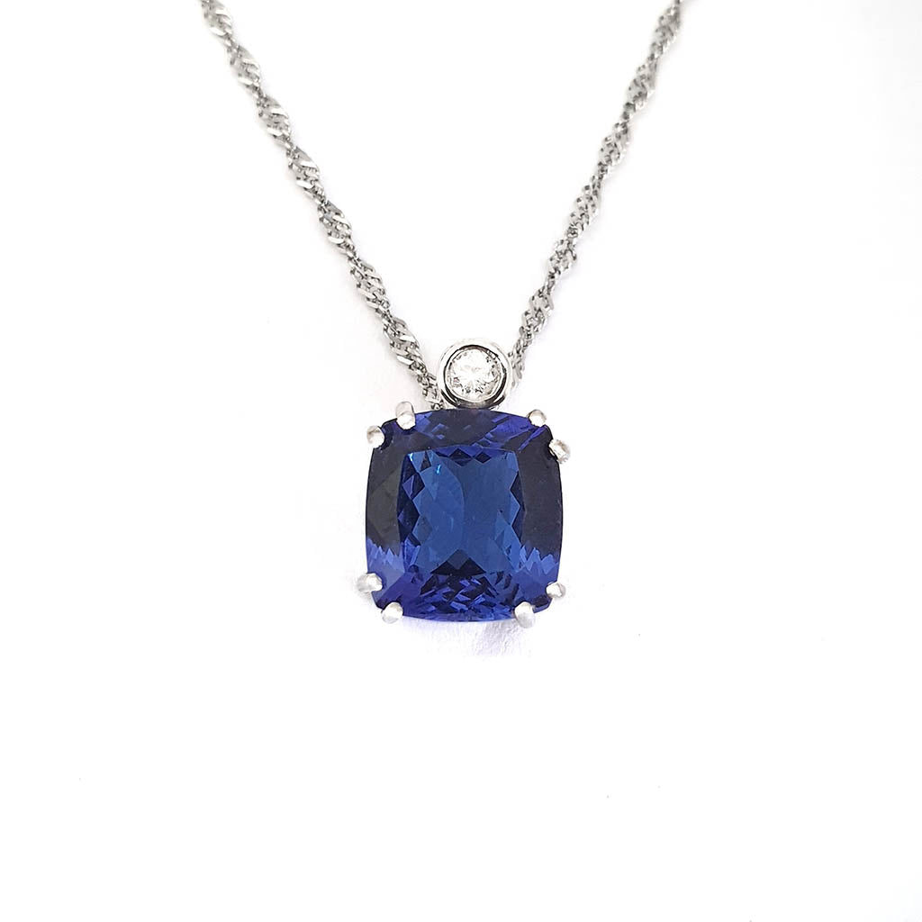 Handcrafted Cushion Cut Tanzanite Pendant with Tube Set Diamond Accent