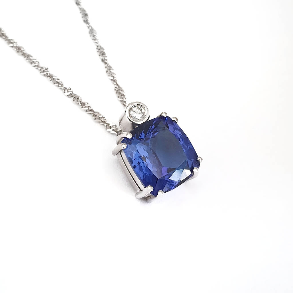 Handcrafted Cushion Cut Tanzanite Pendant with Tube Set Diamond Accent