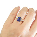 Handcrafted Emerald Cut Tanzanite Ring with Trilogy Diamond Accent