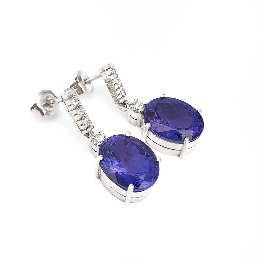 Handcrafted Oval Cut Drop Tanzanite and Diamond Earrings