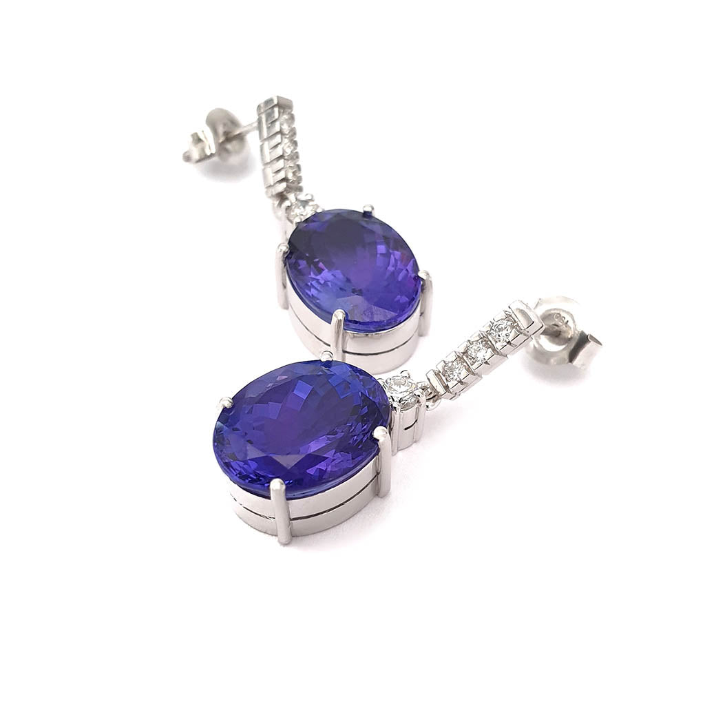 Handcrafted Oval Cut Drop Tanzanite and Diamond Earrings
