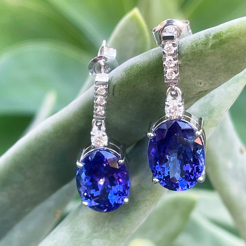 Handcrafted Oval Cut Drop Tanzanite and Diamond Earrings
