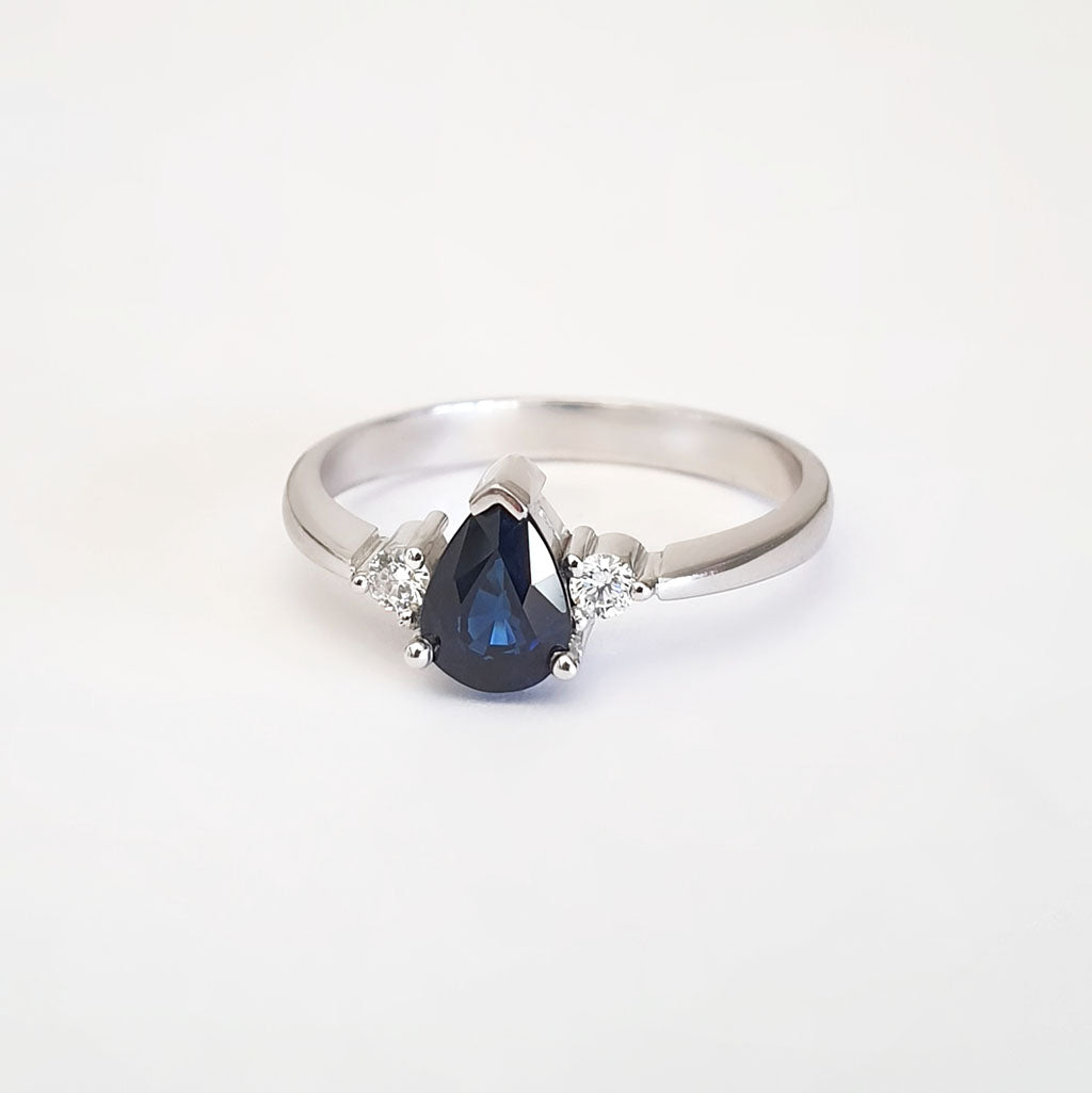 Handcrafted Pear Cut Blue Sapphire with Shoulder Diamond Accent Ring