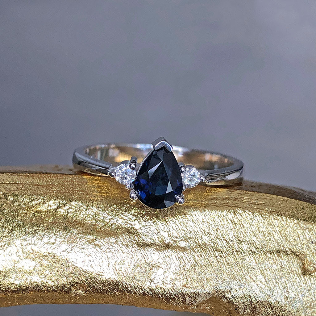 Handcrafted Pear Cut Blue Sapphire with Shoulder Diamond Accent Ring