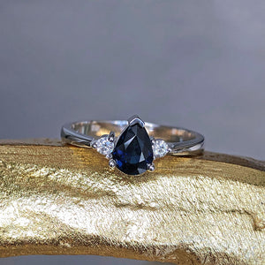 Handcrafted Pear Cut Blue Sapphire with Shoulder Diamond Accent Ring