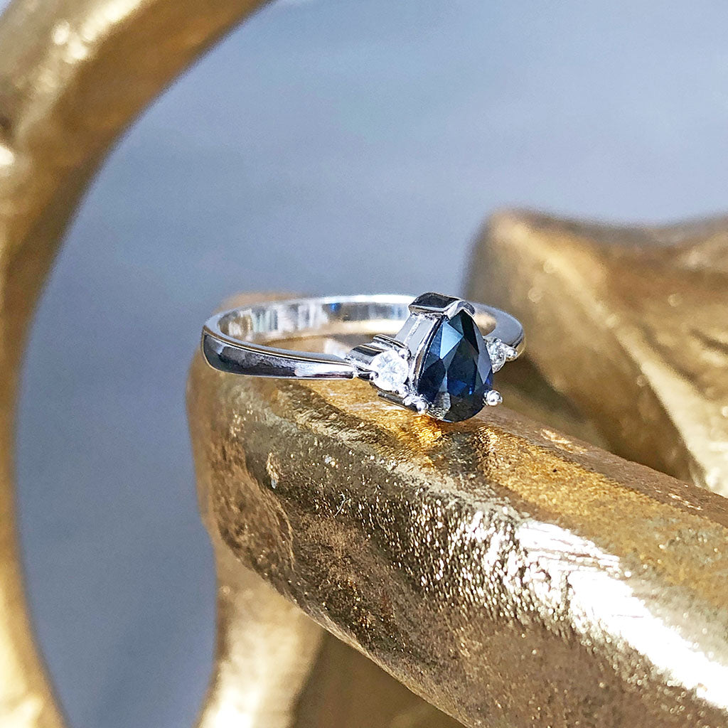 Handcrafted Pear Cut Blue Sapphire with Shoulder Diamond Accent Ring