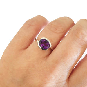 Horizontally Set Oval Cut Amethyst and White Gold Ring
