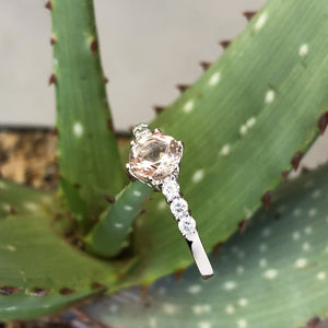 White Gold, Round Cut Morganite Ring with Six Diamond Accent