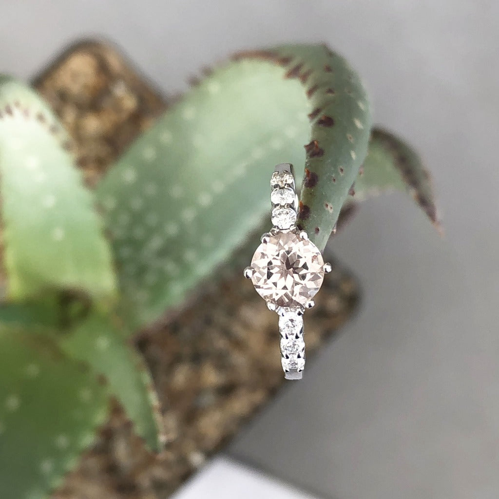 White Gold, Round Cut Morganite Ring with Six Diamond Accent