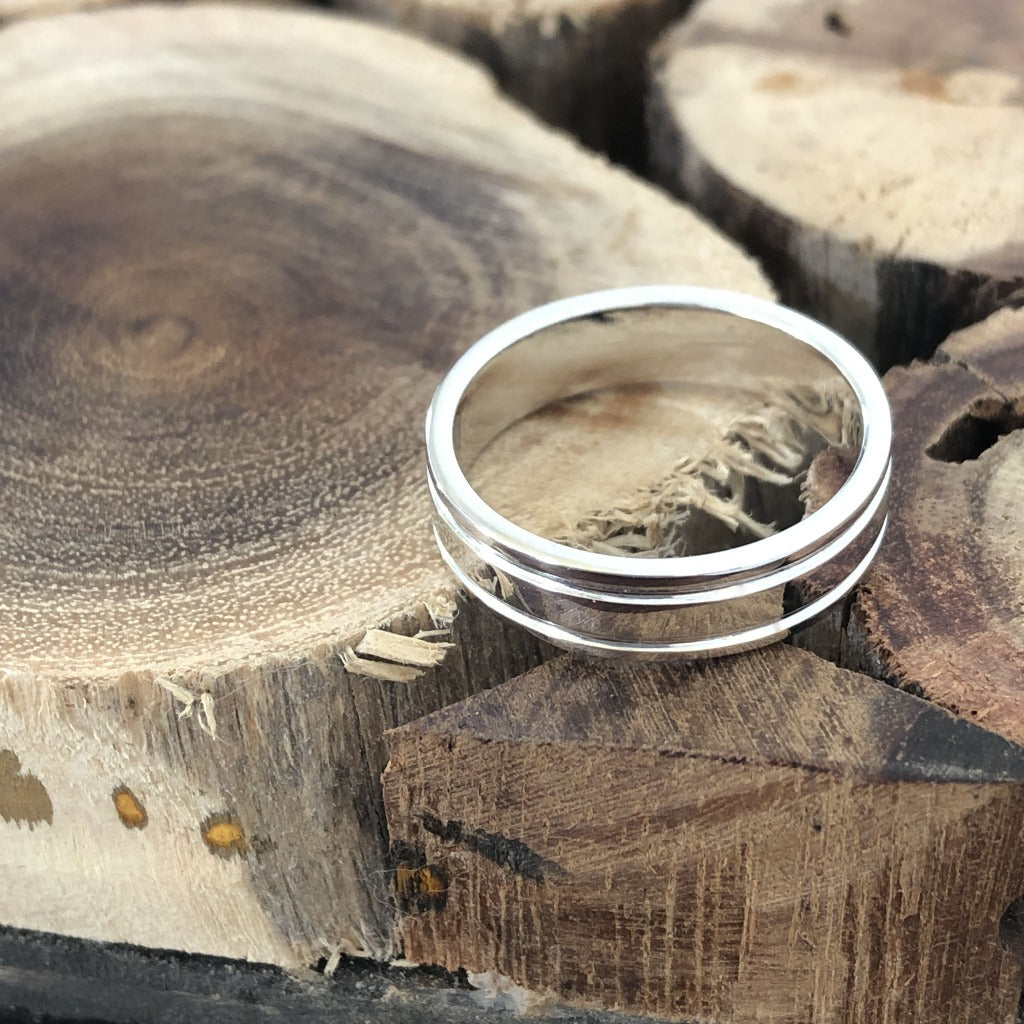 Double Groove White Gold Wedding Band