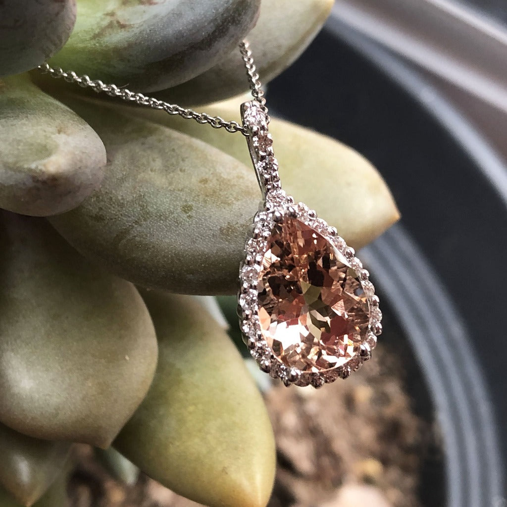 Pear Cut Morganite Pendant with Delicate Diamond Halo and Bale Accents