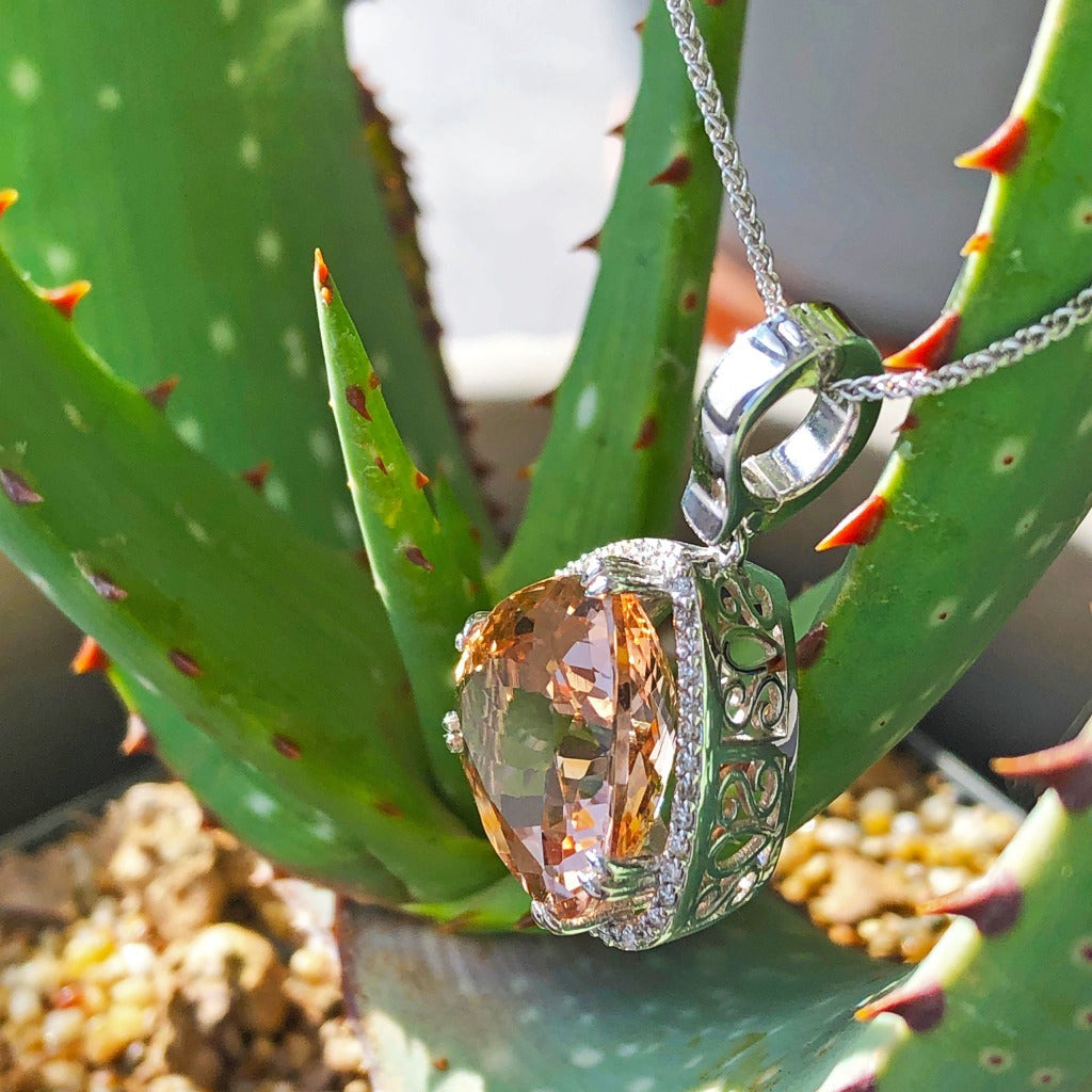 Modified Pear cut Morganite and Diamond Halo Pendant