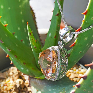 Modified Pear cut Morganite and Diamond Halo Pendant