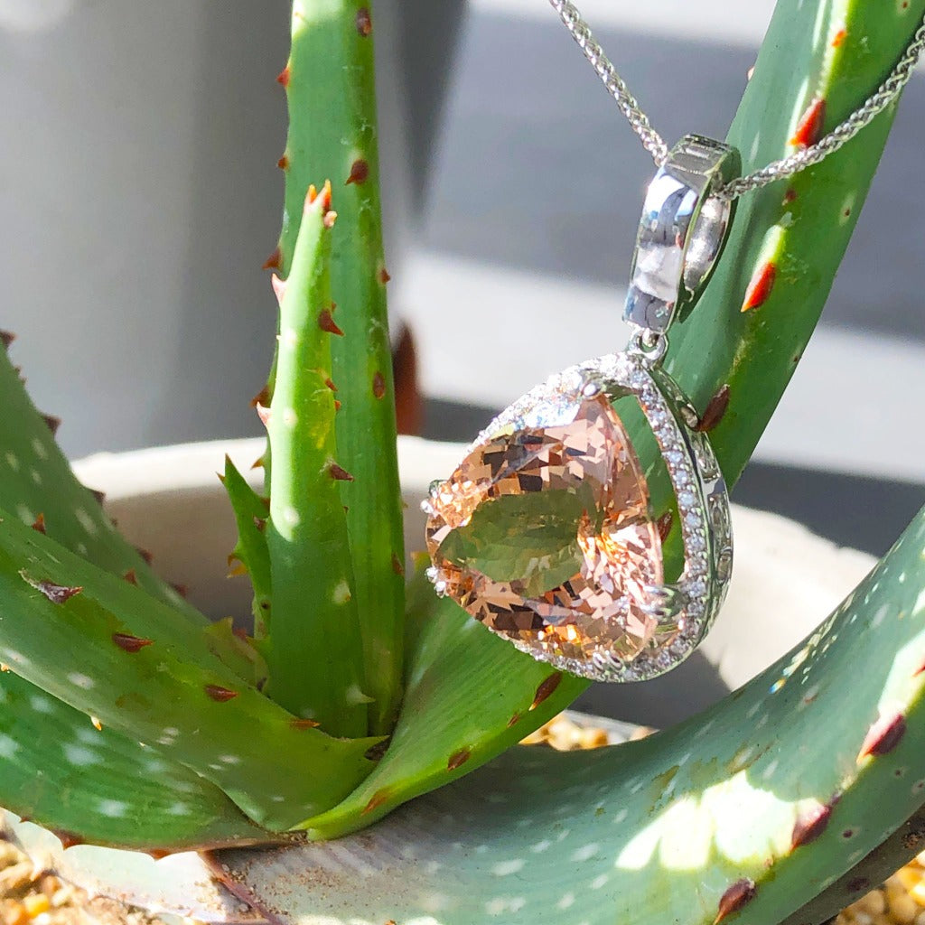 Modified Pear cut Morganite and Diamond Halo Pendant