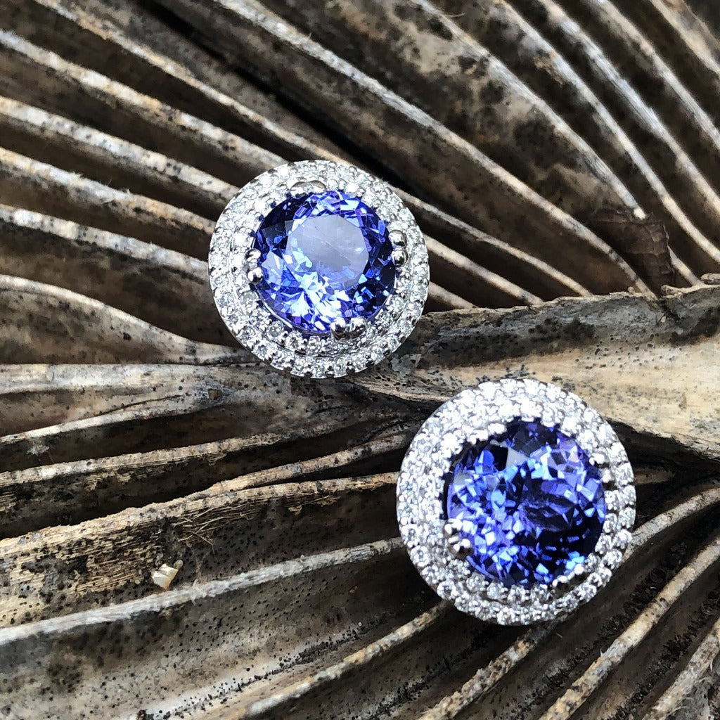 Scintillating Tanzanite and Double Diamond Halo Earrings