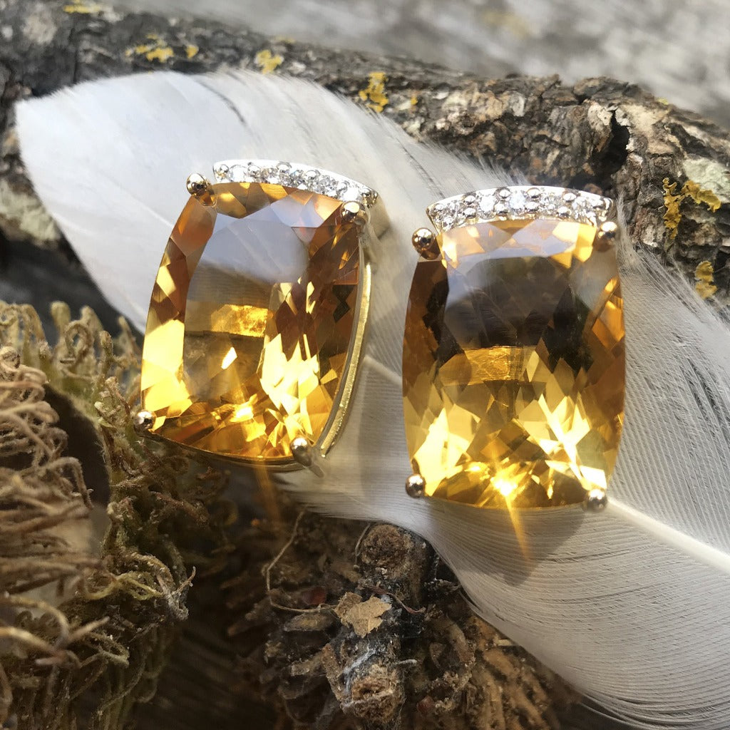 Cushion Cut Citrine and Diamond Earrings