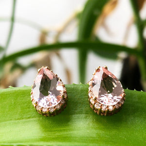 Rose Gold Pear Cut Pink Morganite and Diamond Halo Earrings