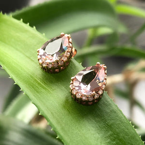 Rose Gold Pear Cut Pink Morganite and Diamond Halo Earrings